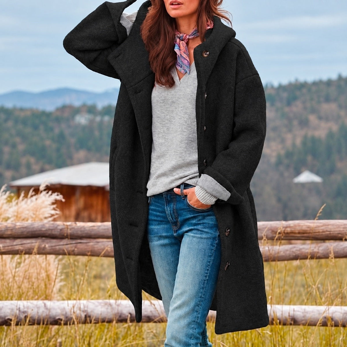 Women's Longcoat with Hood and Button Closure - Relaxed Fit