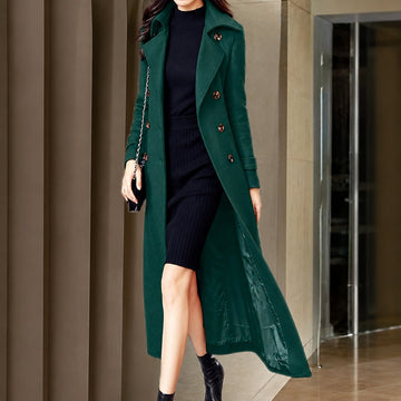 Women's Coat with Belt - Classic Lapel, Button Closure, Side Pockets