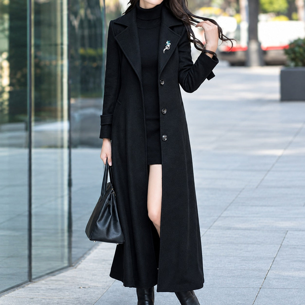 Women's Coat with Belt - Classic Lapel, Button Closure, Side Pockets