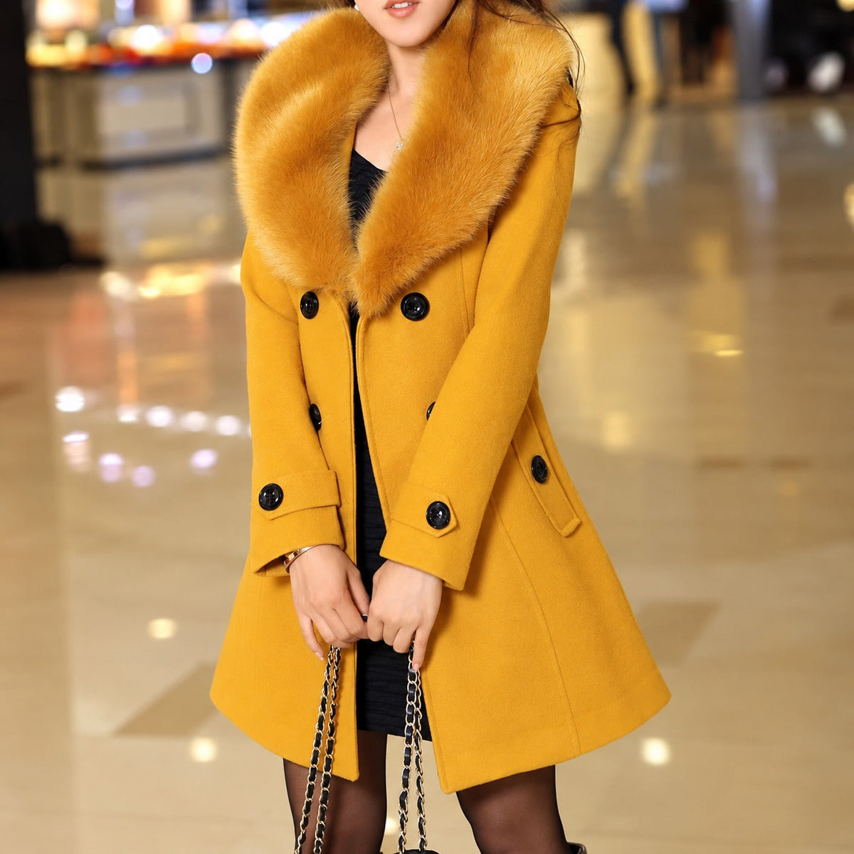 Women's Coat with Contrast Collar - Double-Breasted, Belt, Mid-Length
