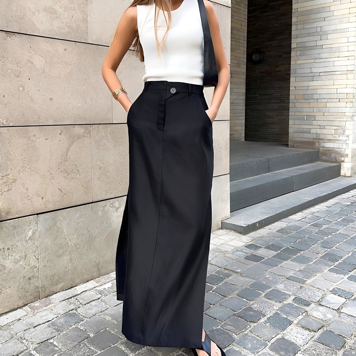 Women's maxi skirt high waist button front side pockets regular fit