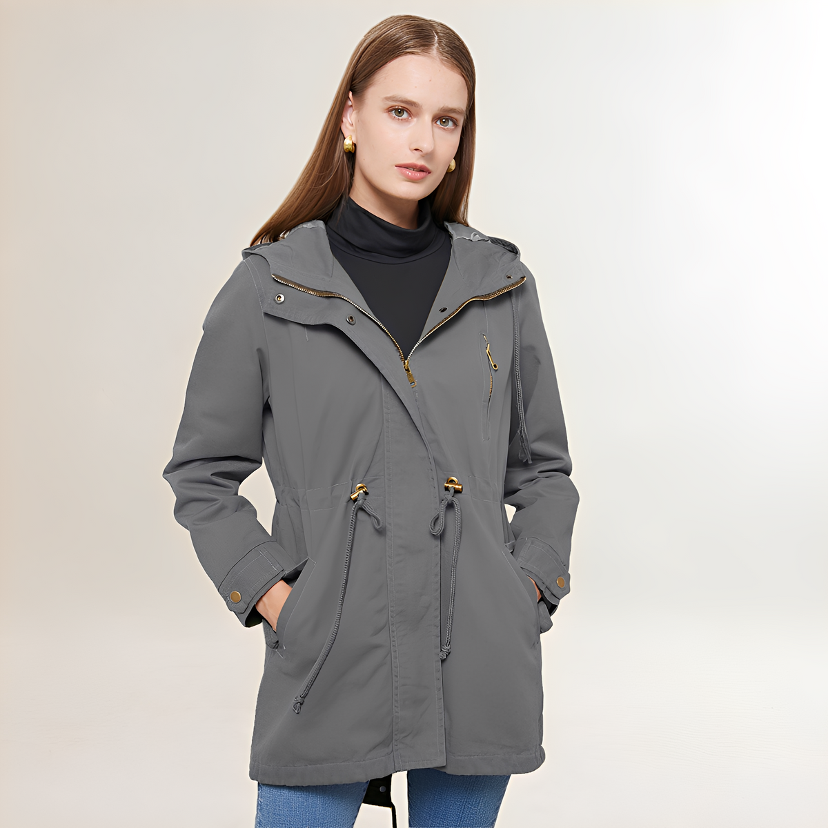Women's Parka with Hood - Zipper, Drawstring Waist, Long Sleeves