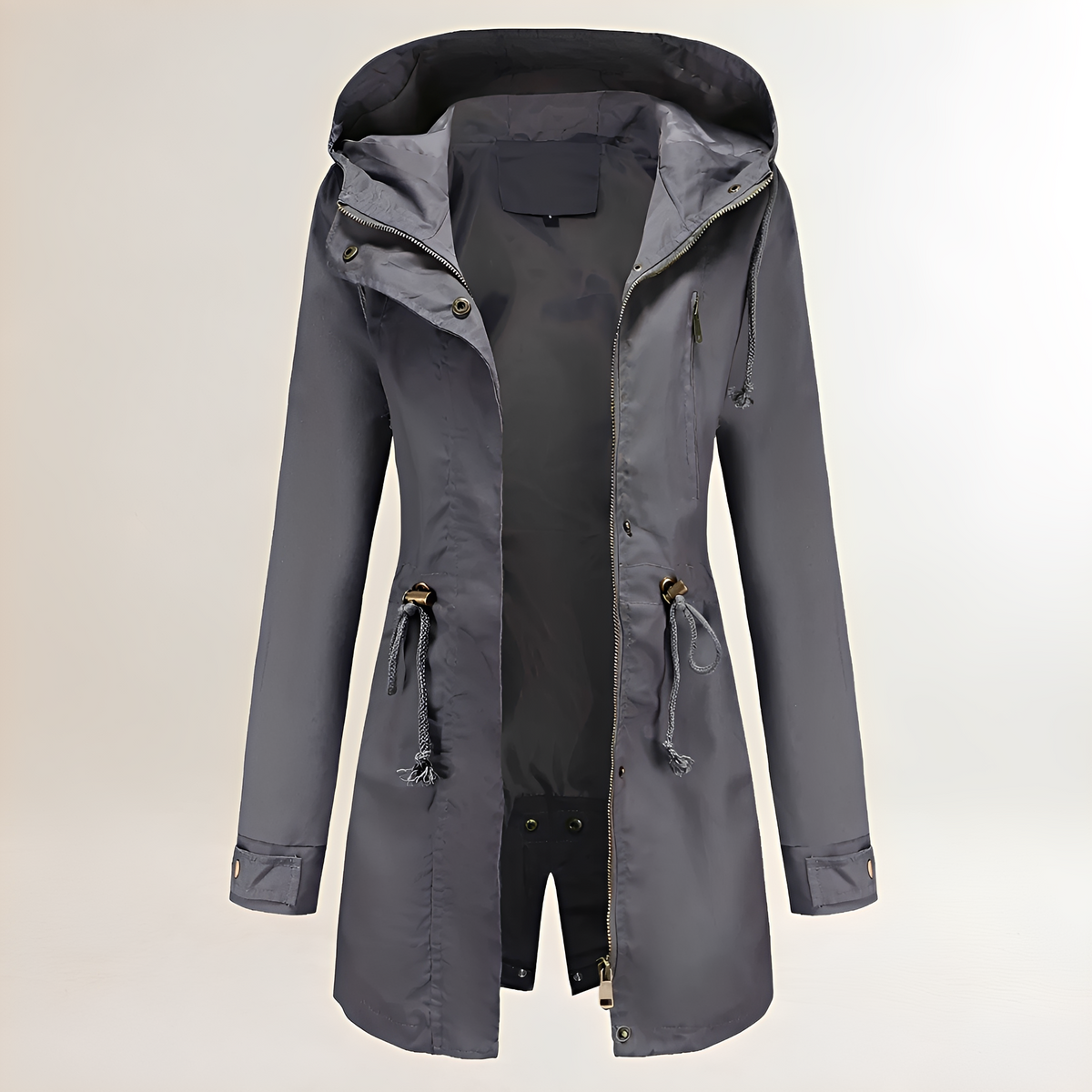 Women's Parka with Hood - Zipper, Drawstring Waist, Long Sleeves