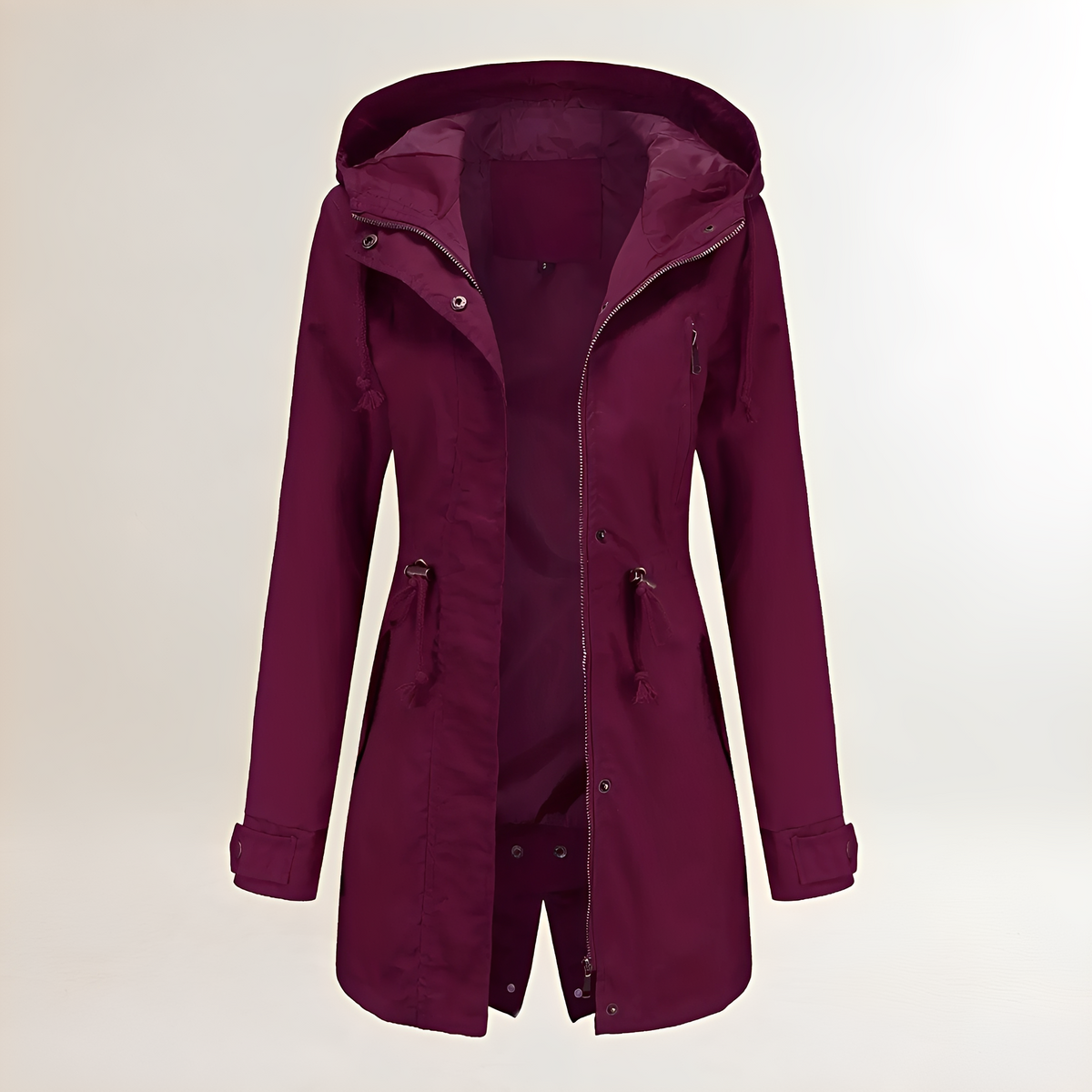 Women's Parka with Hood - Zipper, Drawstring Waist, Long Sleeves