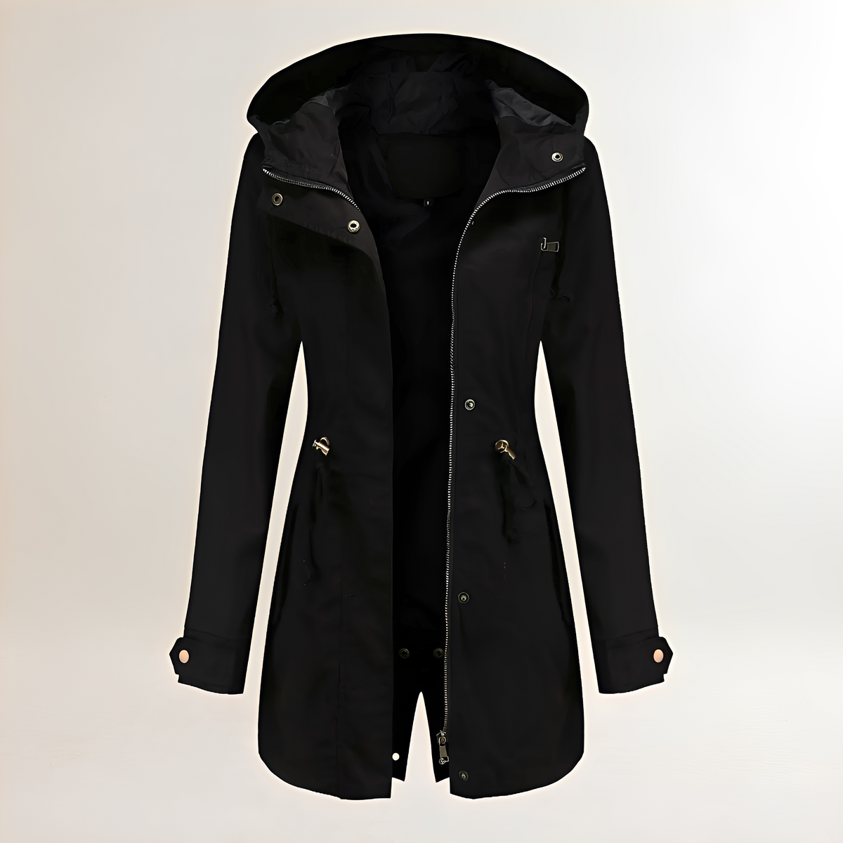 Women's Parka with Hood - Zipper, Drawstring Waist, Long Sleeves