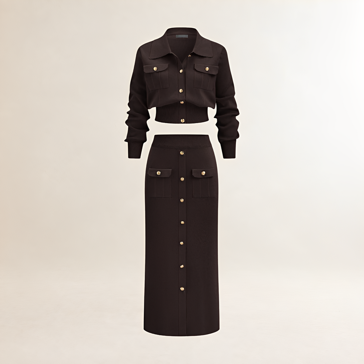 Women's sweater co-ord set cardigan and midi skirt - regular fit with button placket