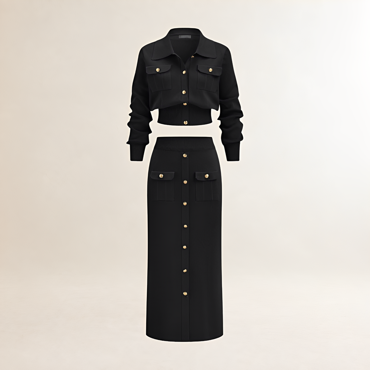 Women's sweater co-ord set cardigan and midi skirt - regular fit with button placket