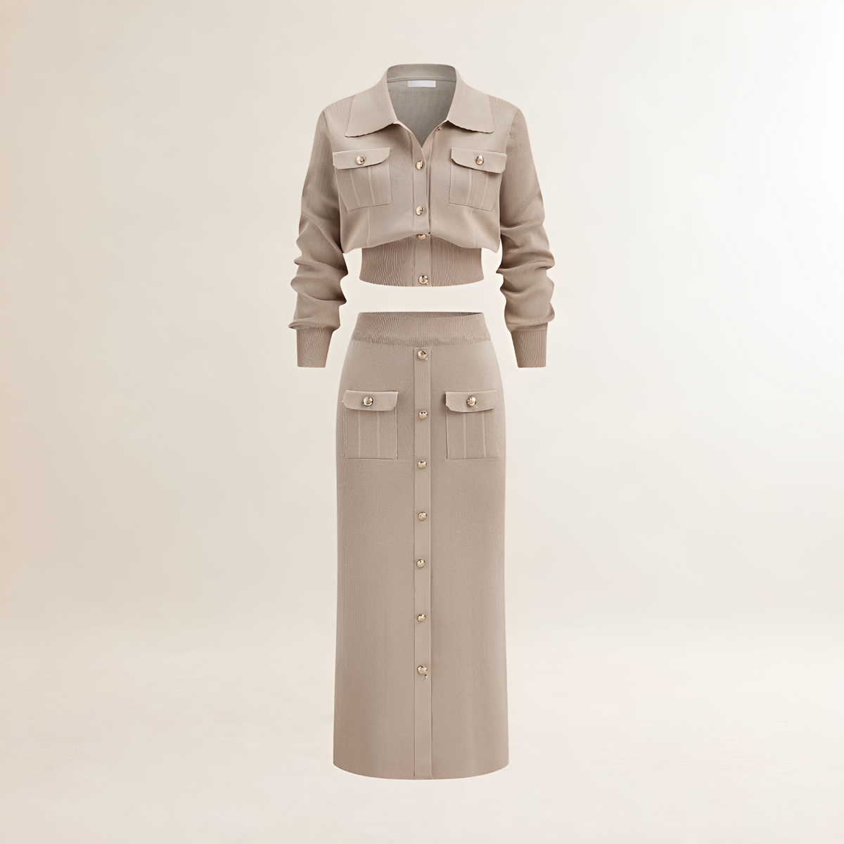 Women's sweater co-ord set cardigan and midi skirt - regular fit with button placket