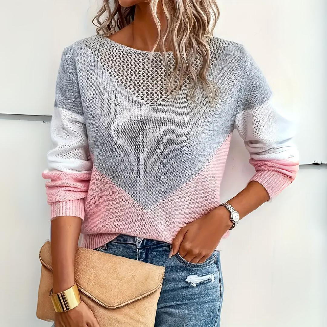 Women's Sweater with Color Block Design - Relaxed Fit, Long Sleeve, Crew Neck