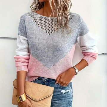 Women's Sweater with Color Block Design - Relaxed Fit, Long Sleeve, Crew Neck