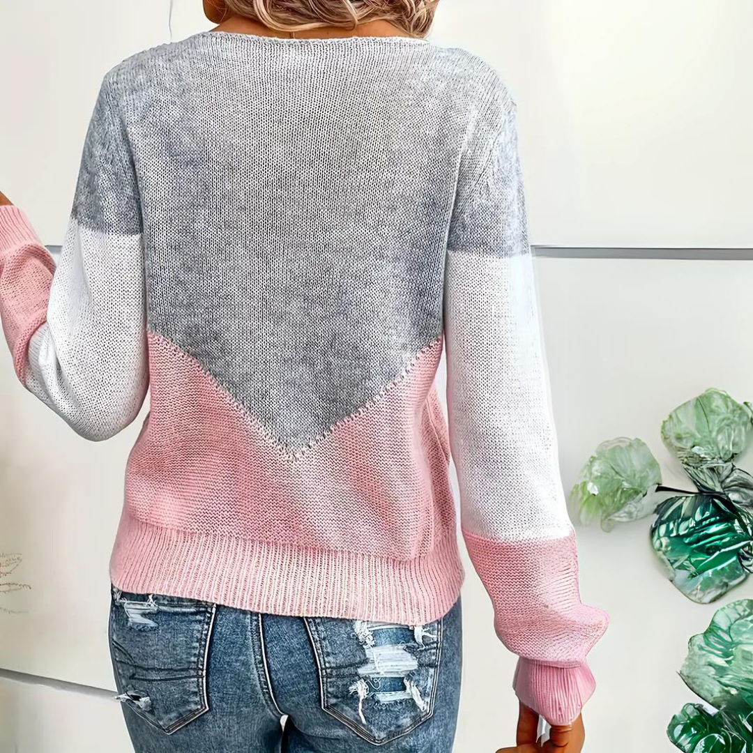 Women's Sweater with Color Block Design - Relaxed Fit, Long Sleeve, Crew Neck