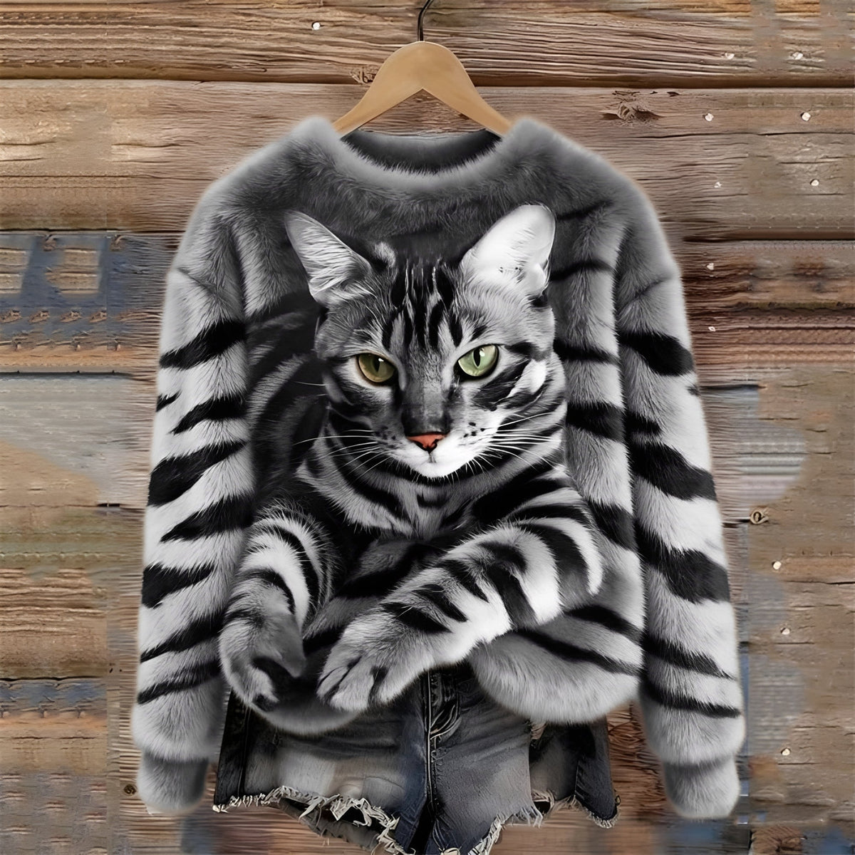 Women's Sweater with Cat Motif and Relaxed Fit - Crew Neck
