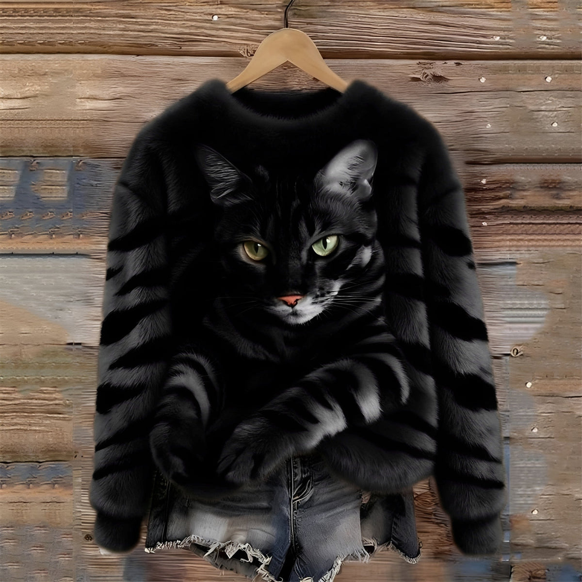 Women's Sweater with Cat Motif and Relaxed Fit - Crew Neck