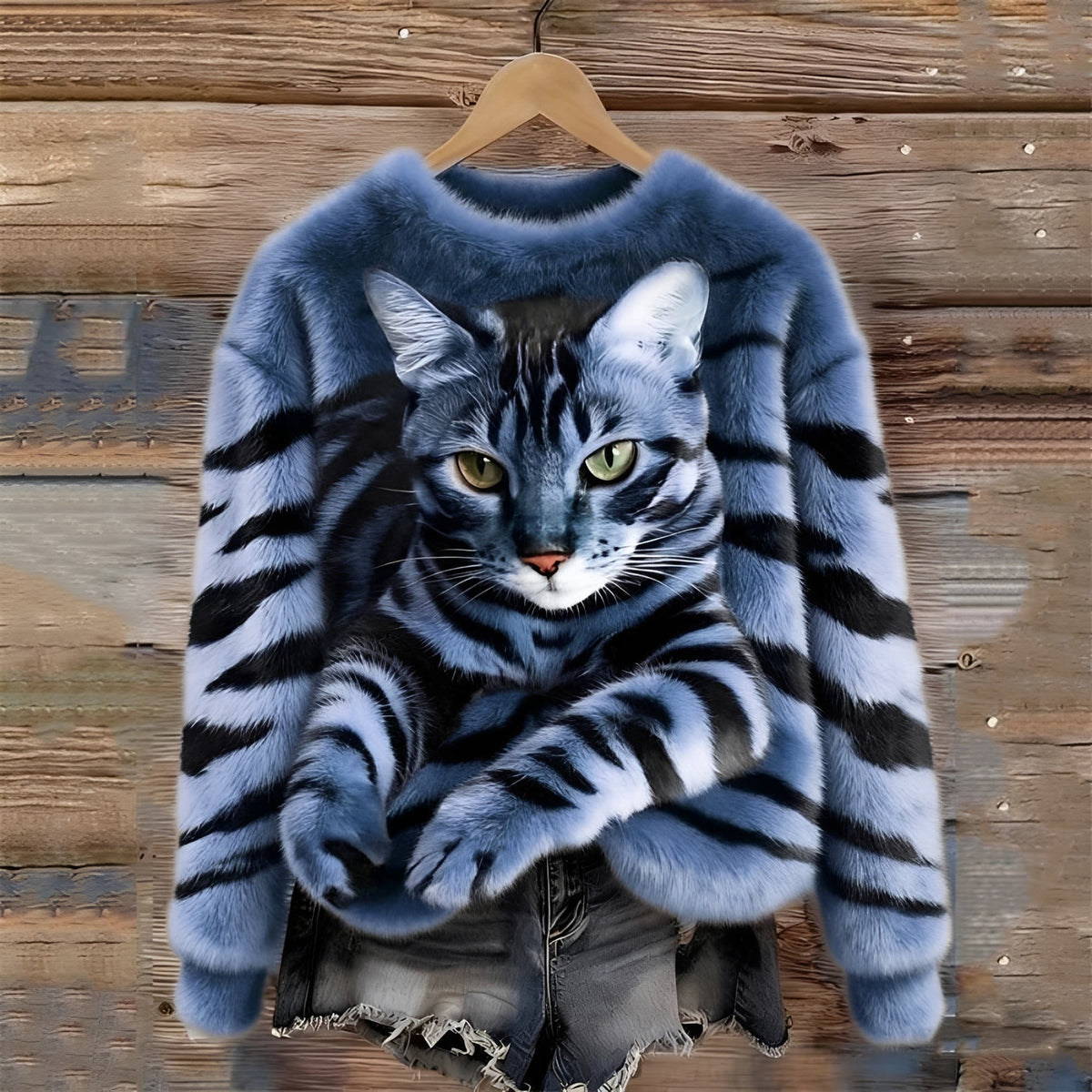 Women's Sweater with Cat Motif and Relaxed Fit - Crew Neck