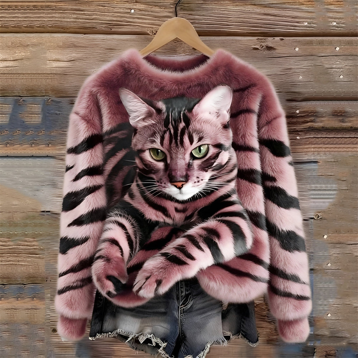 Women's Sweater with Cat Motif and Relaxed Fit - Crew Neck