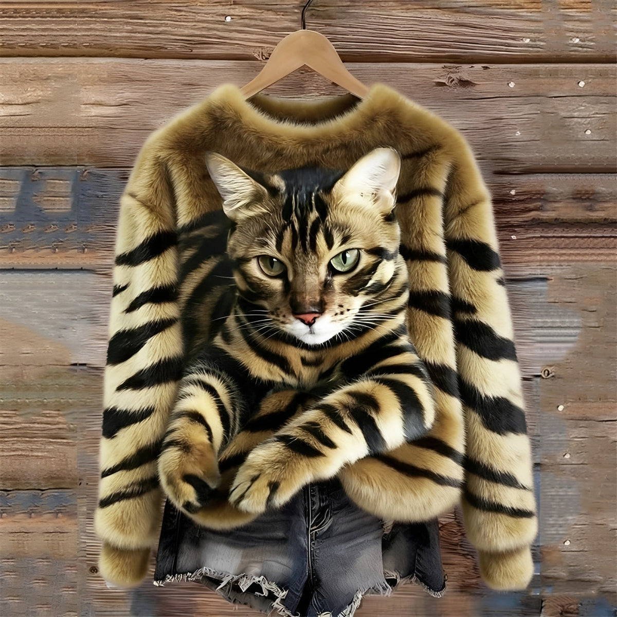 Women's Sweater with Cat Motif and Relaxed Fit - Crew Neck