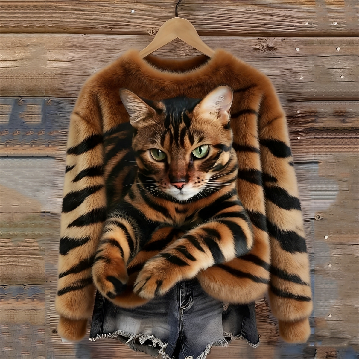 Women's Sweater with Cat Motif and Relaxed Fit - Crew Neck