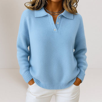 Women's Sweater with Polo Collar and Button Closure - Relaxed Fit