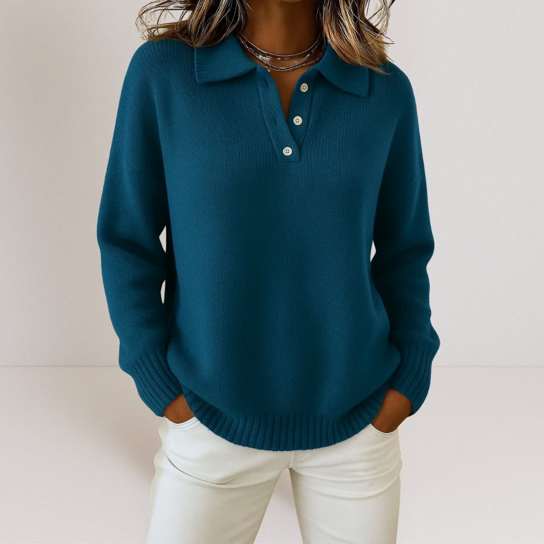 Women's Sweater with Polo Collar and Button Closure - Relaxed Fit