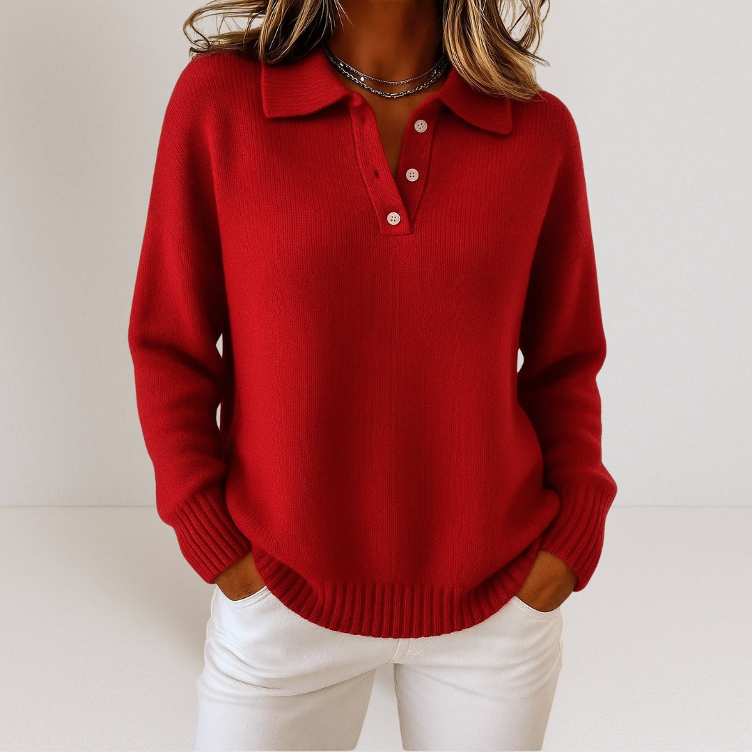 Women's Sweater with Polo Collar and Button Closure - Relaxed Fit