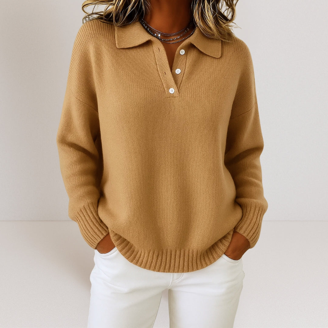 Women's Sweater with Polo Collar and Button Closure - Relaxed Fit