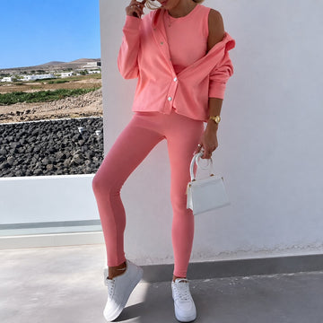 Women's Set of Long Sleeve Cardigan with Button Placket and Tight Leggings