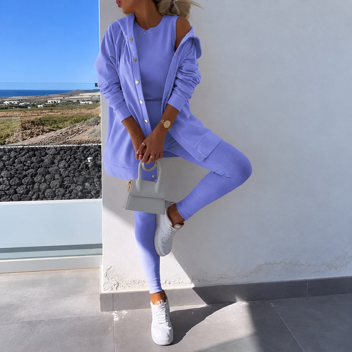 Women's Set of Long Sleeve Cardigan with Button Placket and Tight Leggings
