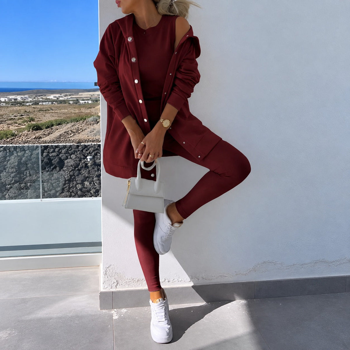 Women's Set of Long Sleeve Cardigan with Button Placket and Tight Leggings