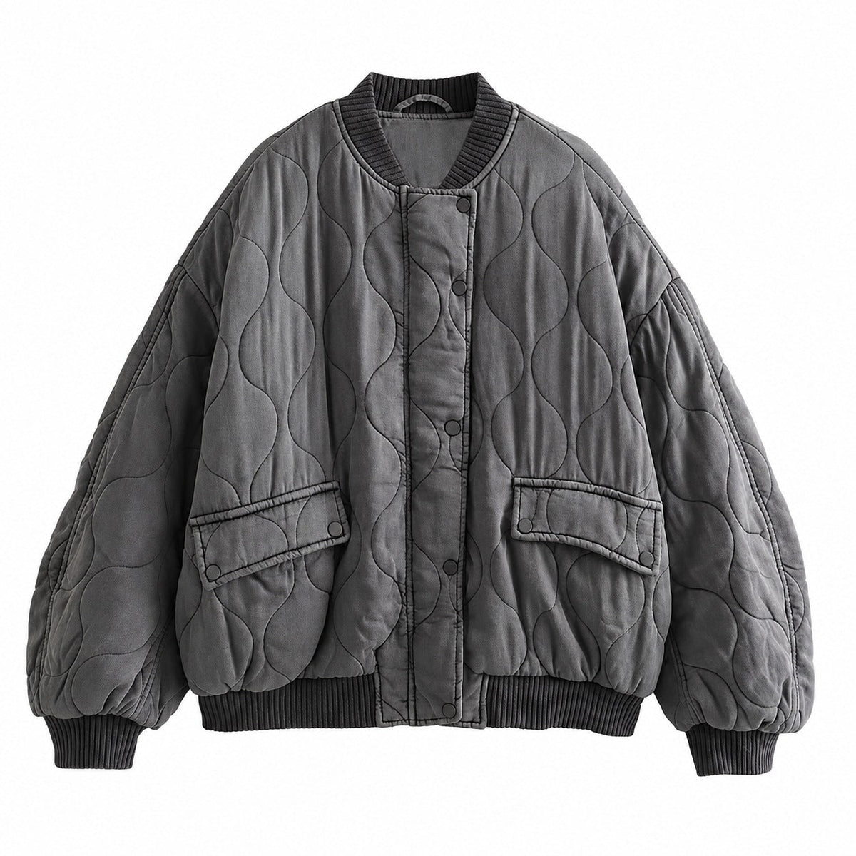 Women's Quilted Jacket - Oversized Fit with Snap Closure and Pockets