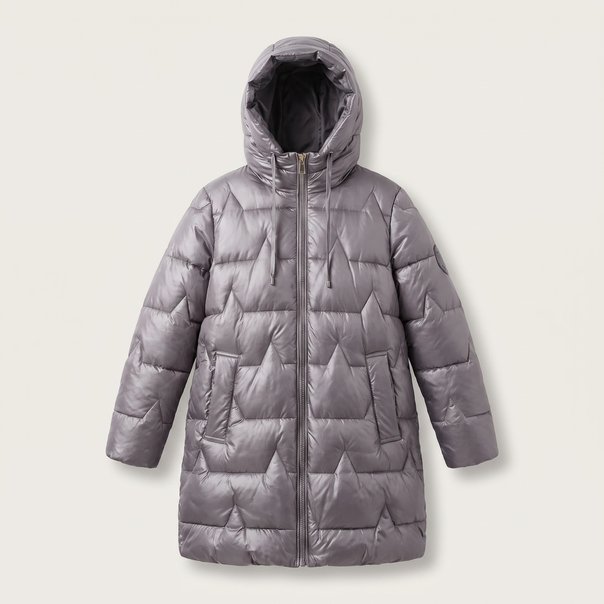 Women's Quilted Coat with Hood - Long Cut with Zipper and Elegant Fit