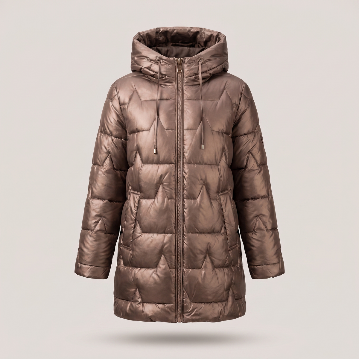 Women's Quilted Coat with Hood - Long Cut with Zipper and Elegant Fit