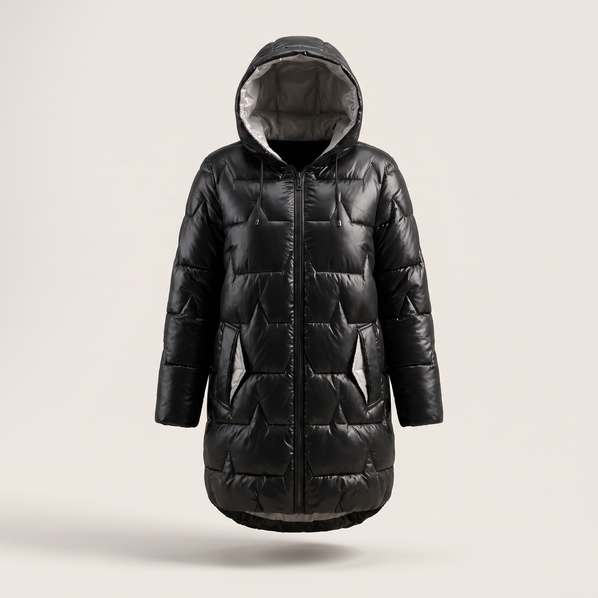 Women's Quilted Coat with Hood - Long Cut with Zipper and Elegant Fit