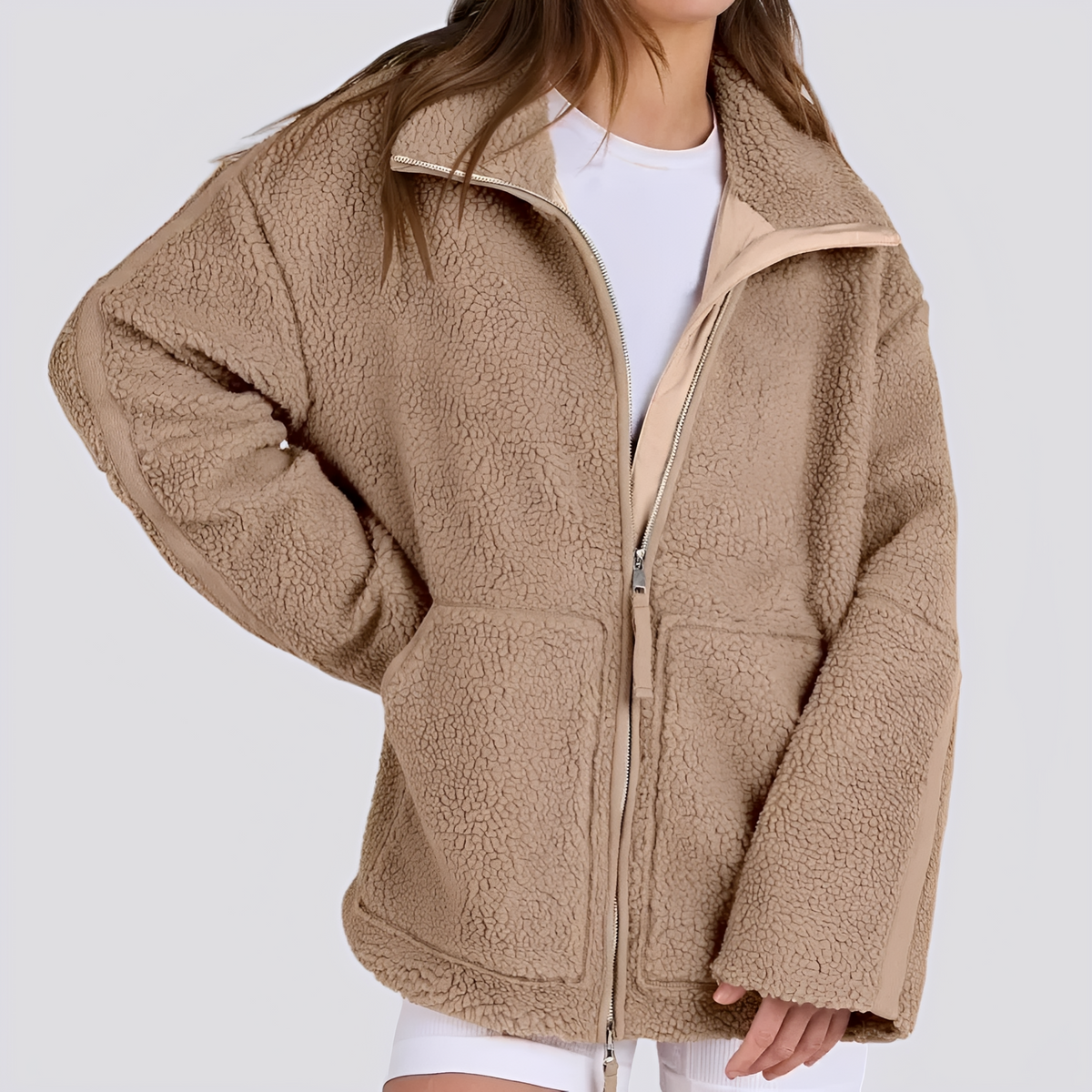 Women's Teddy Jacket - Oversized Fit with Zipper and Pockets