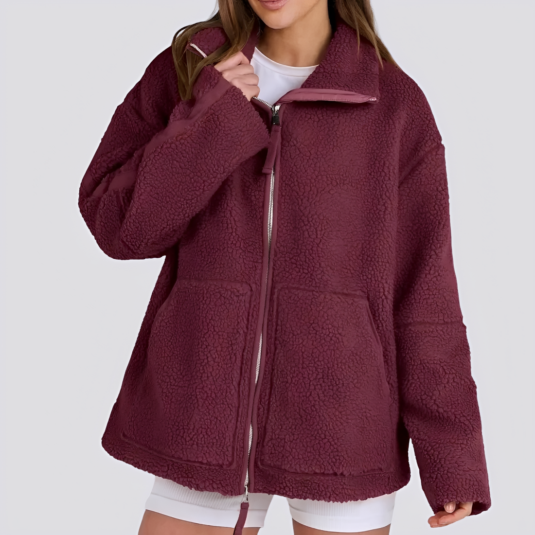 Women's Teddy Jacket - Oversized Fit with Zipper and Pockets