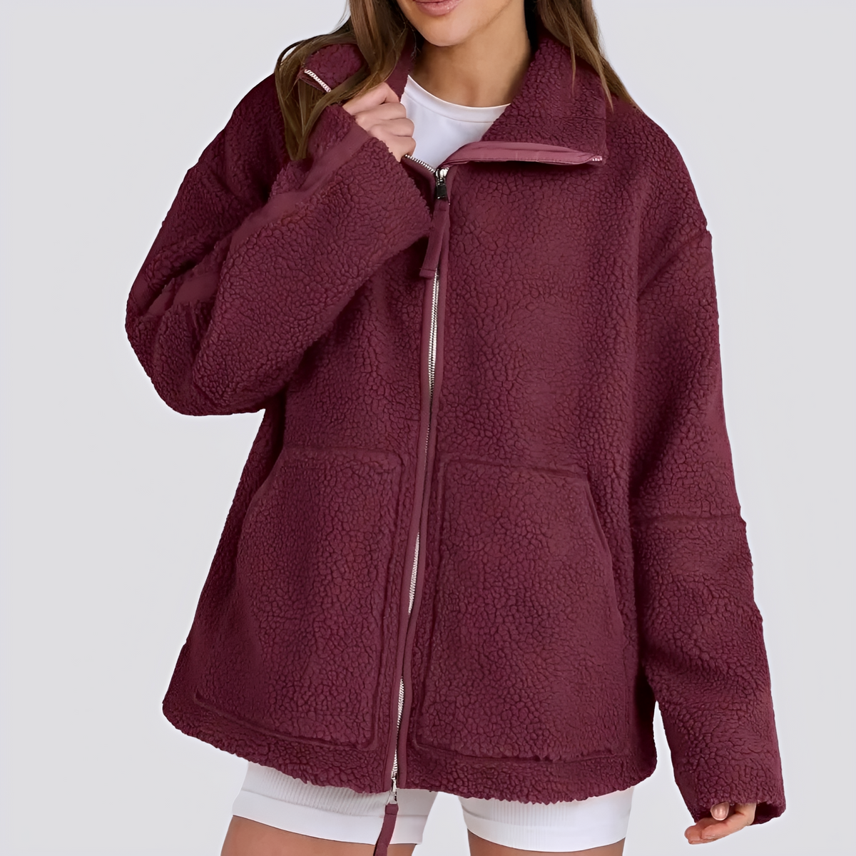 Women's Teddy Jacket - Oversized Fit with Zipper and Pockets