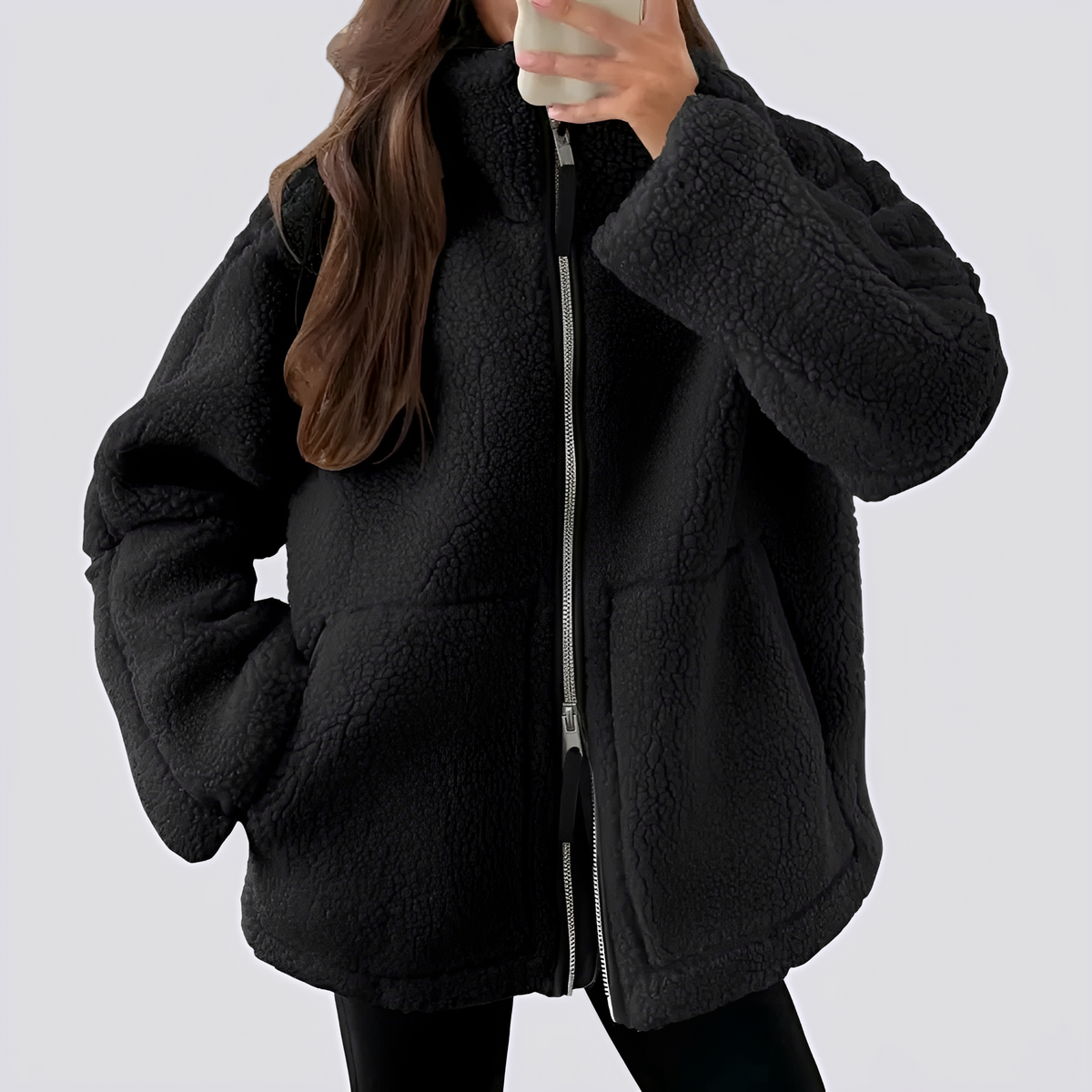 Women's Teddy Jacket - Oversized Fit with Zipper and Pockets