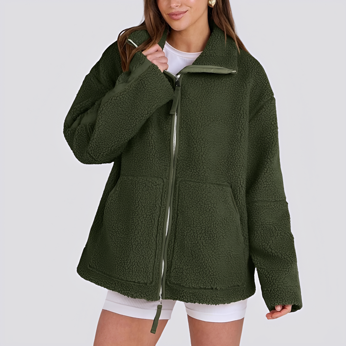 Women's Teddy Jacket - Oversized Fit with Zipper and Pockets