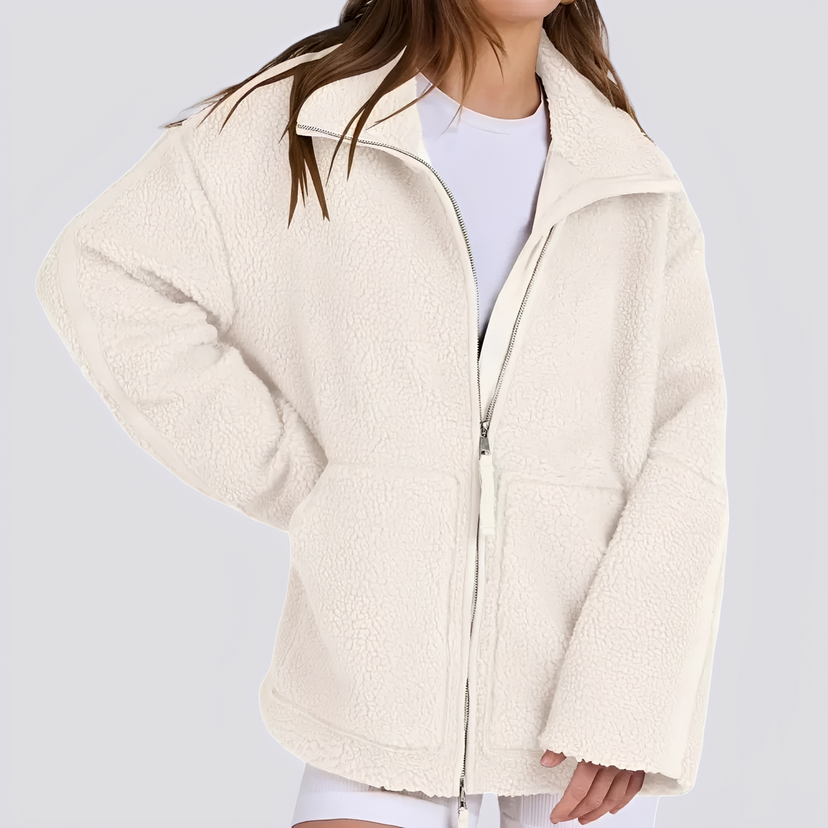 Women's Teddy Jacket - Oversized Fit with Zipper and Pockets