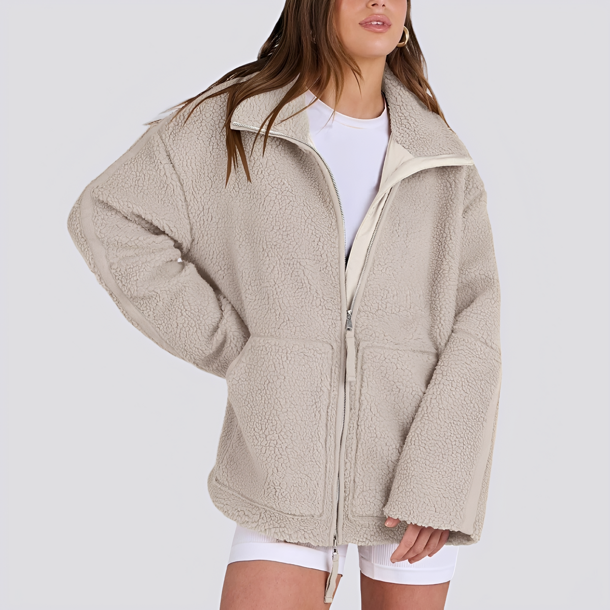 Women's Teddy Jacket - Oversized Fit with Zipper and Pockets