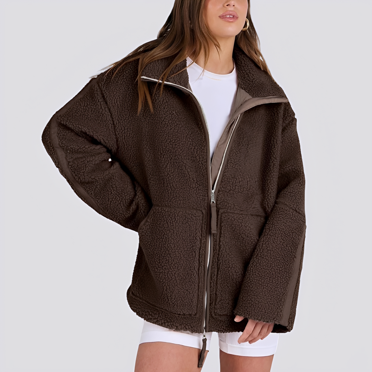 Women's Teddy Jacket - Oversized Fit with Zipper and Pockets