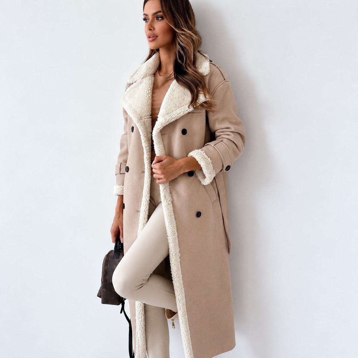 Women's Teddy Coat Double Button, Belt, Oversized Cut, Knee Length