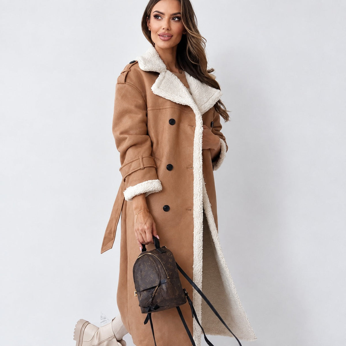 Women's Teddy Coat Double Button, Belt, Oversized Cut, Knee Length