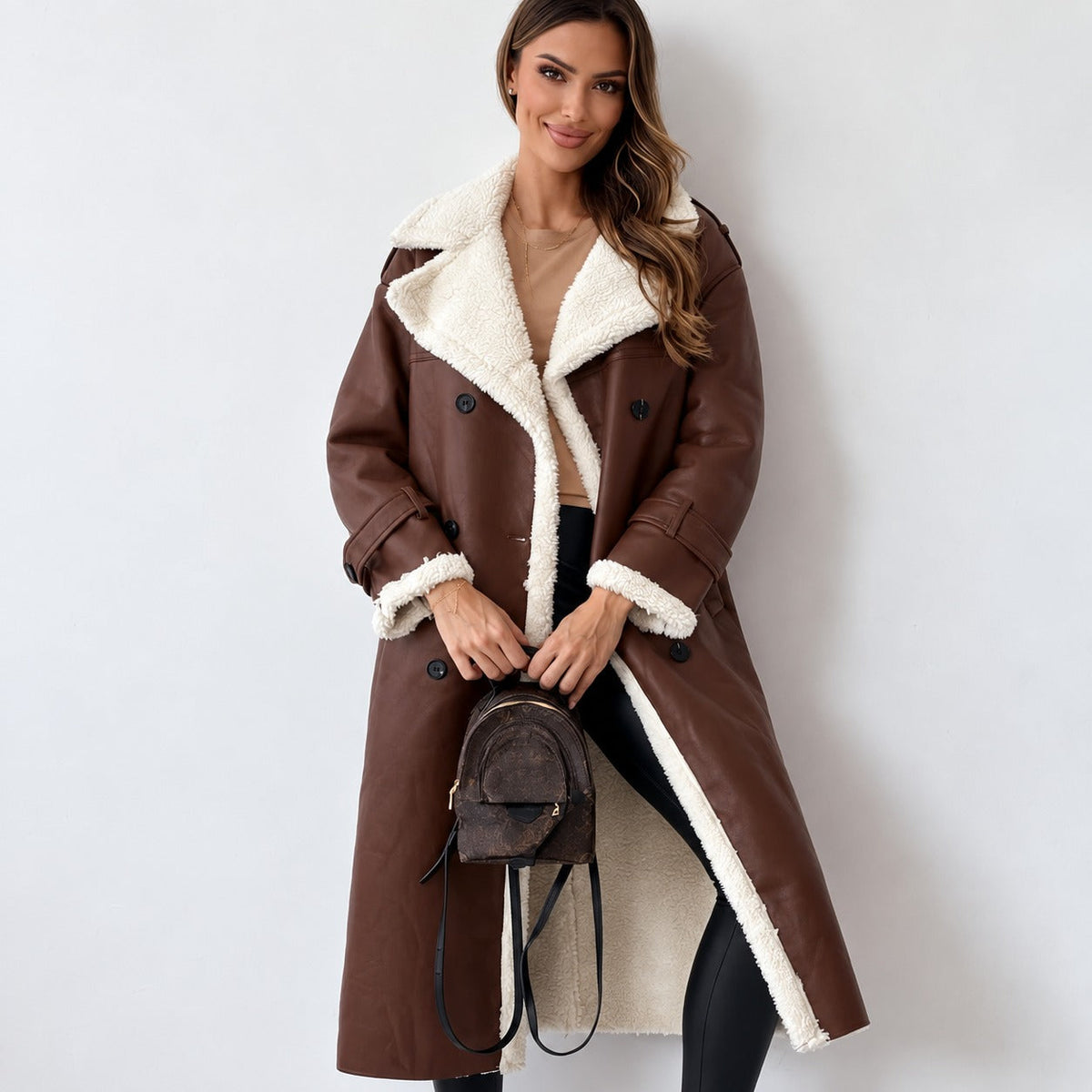 Women's Teddy Coat Double Button, Belt, Oversized Cut, Knee Length