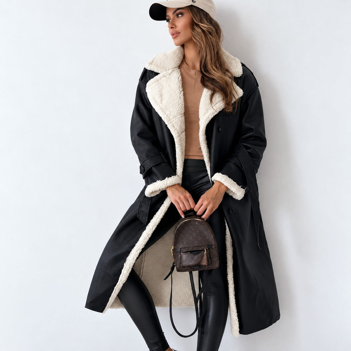 Women's Teddy Coat Double Button, Belt, Oversized Cut, Knee Length