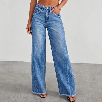 Women's Wide Jeans with High Waist and Destroyed Hem - Relaxed Fit