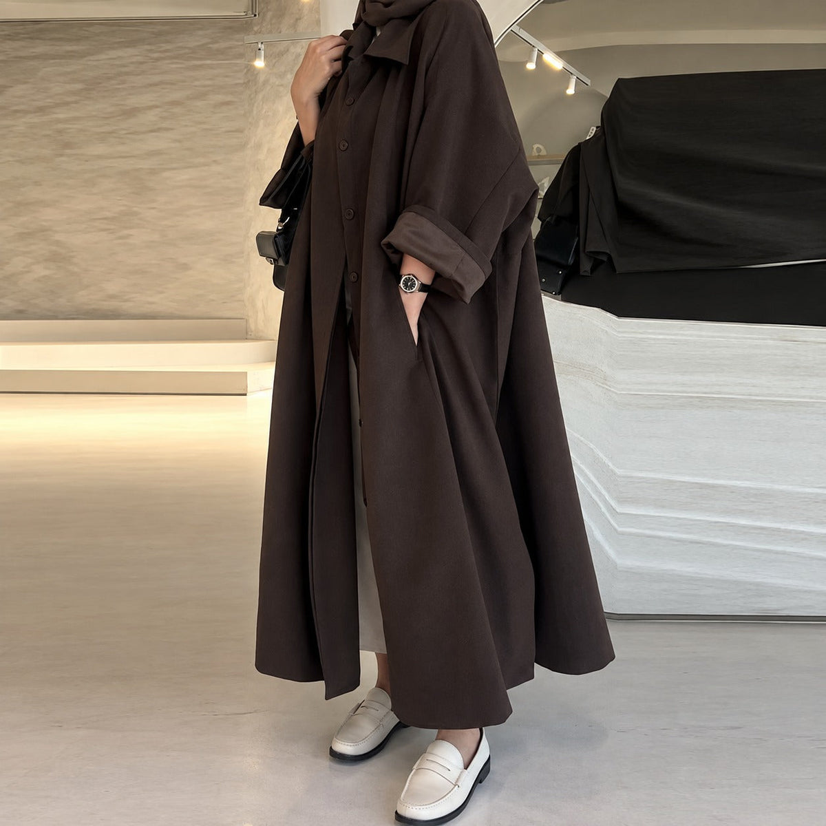 Women's Coat Long Oversized Fit Button Placket Side Pockets
