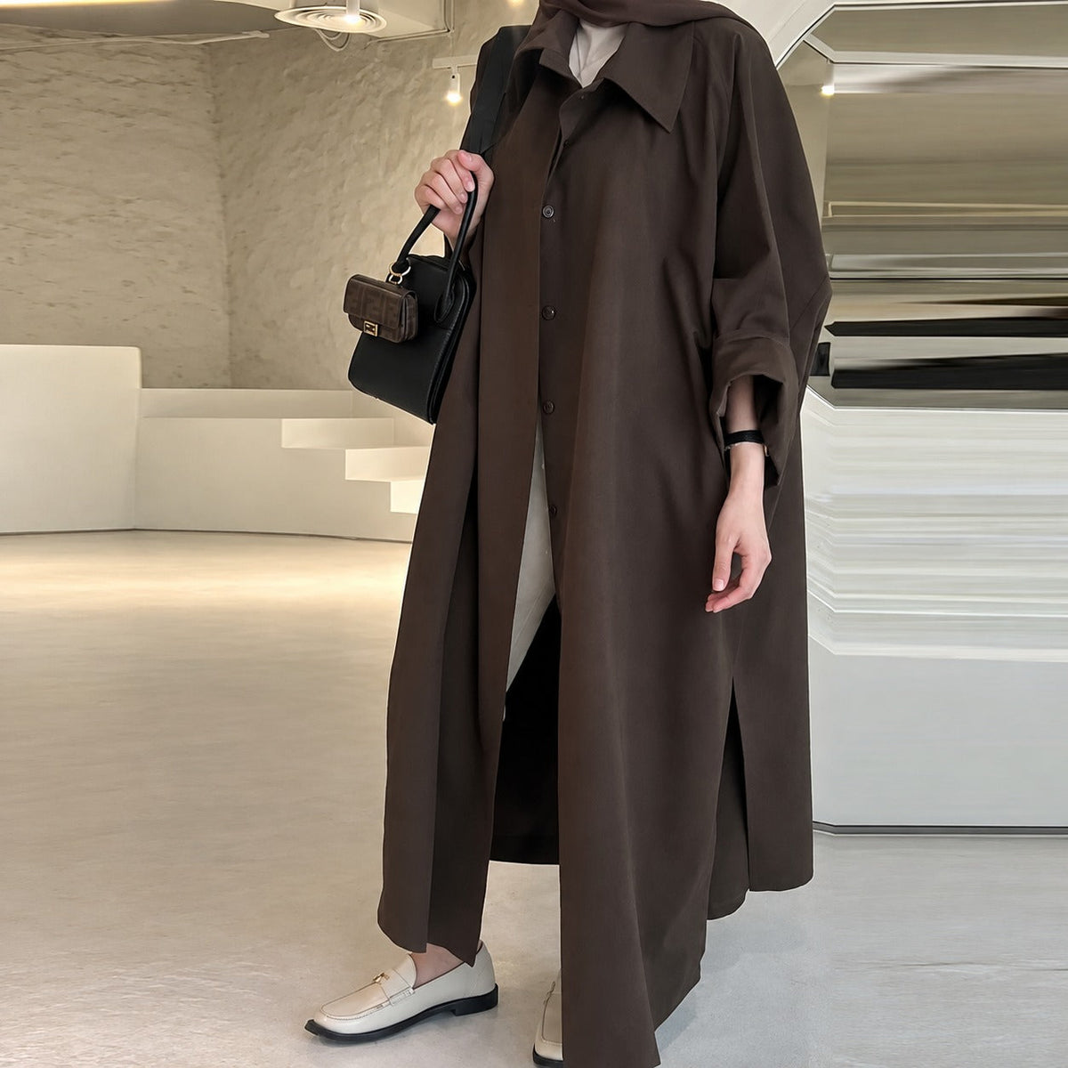 Women's Coat Long Oversized Fit Button Placket Side Pockets