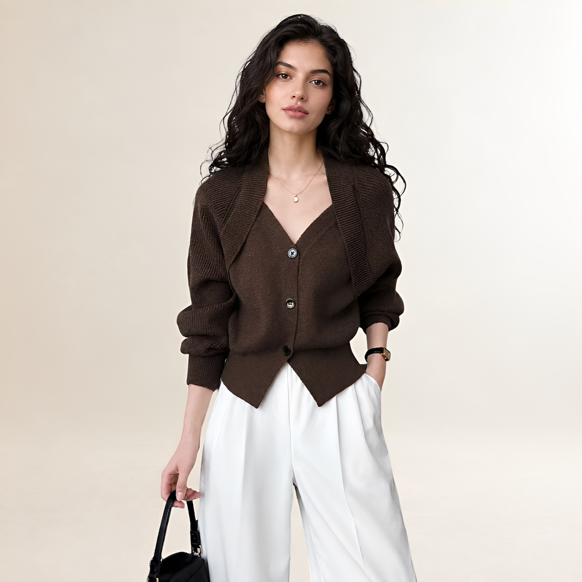 Women's waist cardigan with V-neck, button placket and long sleeve