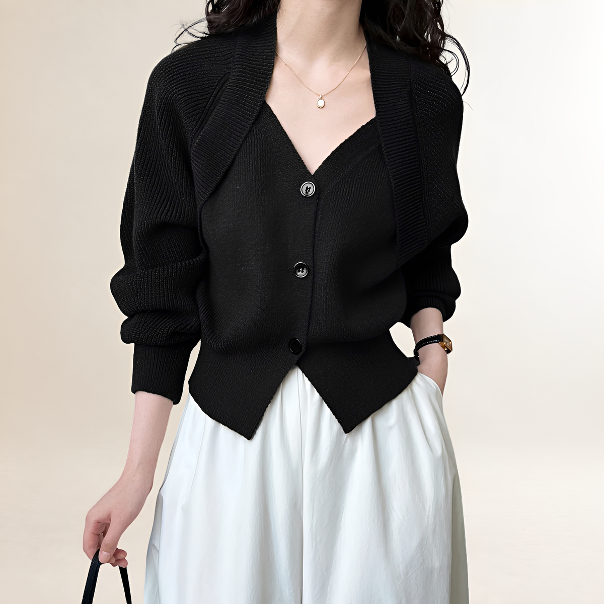 Women's waist cardigan with V-neck, button placket and long sleeve