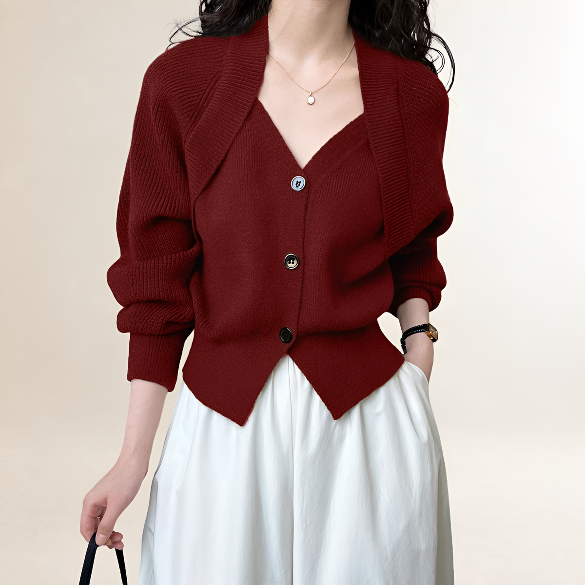 Women's waist cardigan with V-neck, button placket and long sleeve